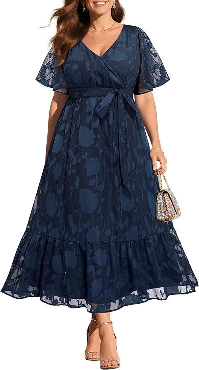 Pinup Fashion Plus Size Dresses for Wedding Guest - 2025 Cocktail Semi Formal Summer Wrap V Neck Maxi Dress, Size 26 W