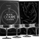GLASSIQUE CADEAU Vintage Art Deco Smoke Black Coupe Glasses | Set of 4 | 7 oz Ribbed Cocktail Glassware for Drinking Champagne, Martini, Cosmopolitan, Manhattan | Crystal Speakeasy Saucers