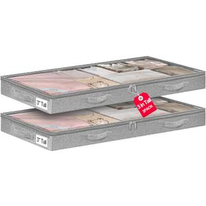 3 Inch Low Profile Under Bed Storage Bins with NO STURCTURE Design, Shallow Clothes Storage Bags with Clear Lids & Waterproof Fabric - Fits Under Sofa, Couch, Dorm, or College Beds40x20x3inch, Grey