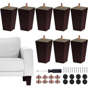 TURSTIN Set of 8 Furniture Legs 4 Inch Square Solid Wood Couch Legs Replacement Sofa Legs Mid Century Furniture Feet for Armchair Bed Dresser Cabinet Include Installation Hardware, Brown