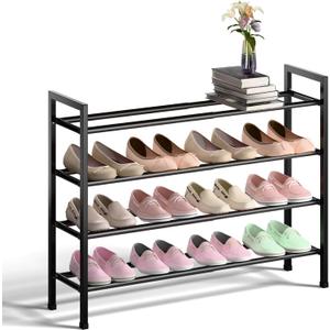 Bumusty 4-Tier Expandable Shoe Rack for Closet, 18-33 Adjustable Shoe Rack for Small Space, Small Shoe Organizer for Front Door, Sturdy Metal, Black
