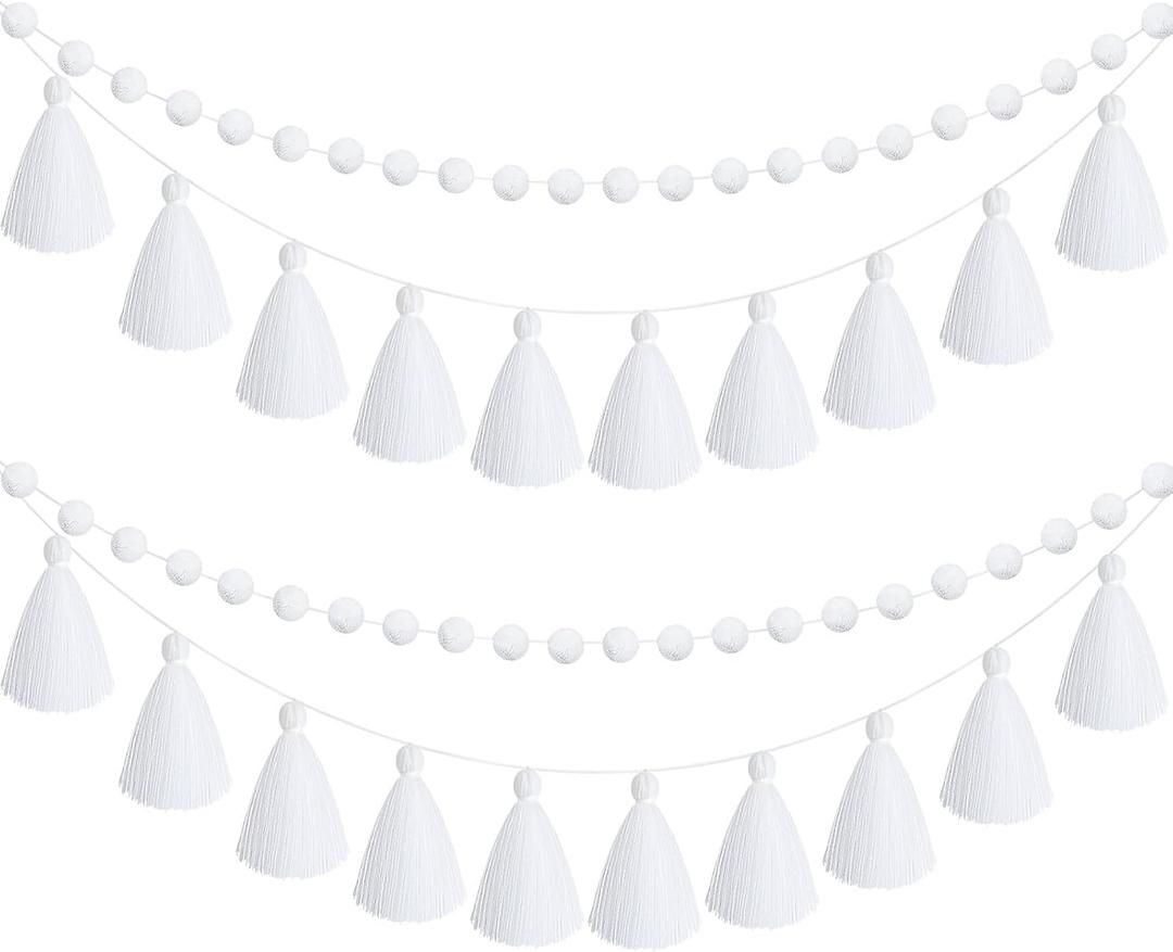 Syhood 4 Pcs Easter Pom Pom Tassel Garland Felt Pompom Ball Banner Tassel Garland for Hanging Decorations Easter Party Supplies Home Decor(White Color)