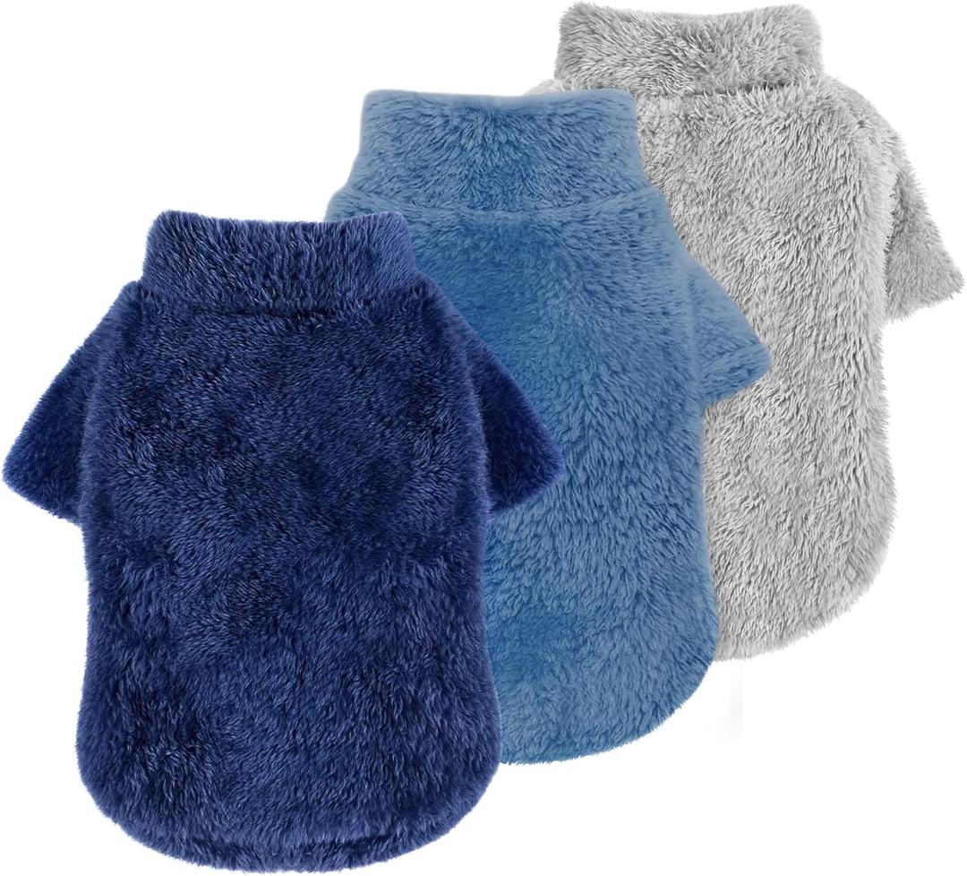 Idepet Fleece Dog Sweater 3 Pack, Velvet Puppy Clothes, Fuzzy Cat Apparel, Soft Outfits, Thermal Pet Clothing for Fall Winter Coat for Small Dogs (Grey+Blue+Navy) S