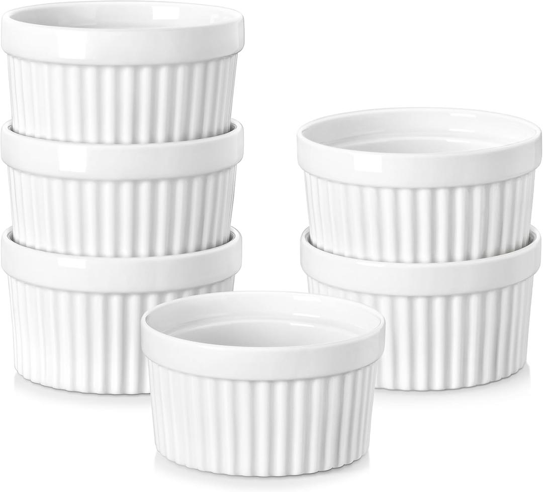 MALACASA Ramekins 6 oz Oven Safe, Porcelain Creme Brulee Ramekins Pudding Custard Cups Small Ceramic Souffle Dishes Ramakan Ramiken Ramicans Baking Bowls Set of 6, White, Series RAMEKINDISH
