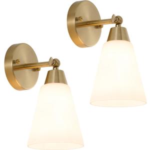 MWZ Gold Wall Sconce Decor 2 Pack,Modern Brushed Brass Sconces Lighting with White Glass Shade,Bathroom Light Fixtures Over Mirror,Vanity Lights Over Sink,Indoor Wall Mount Adjustable Angle Lamp