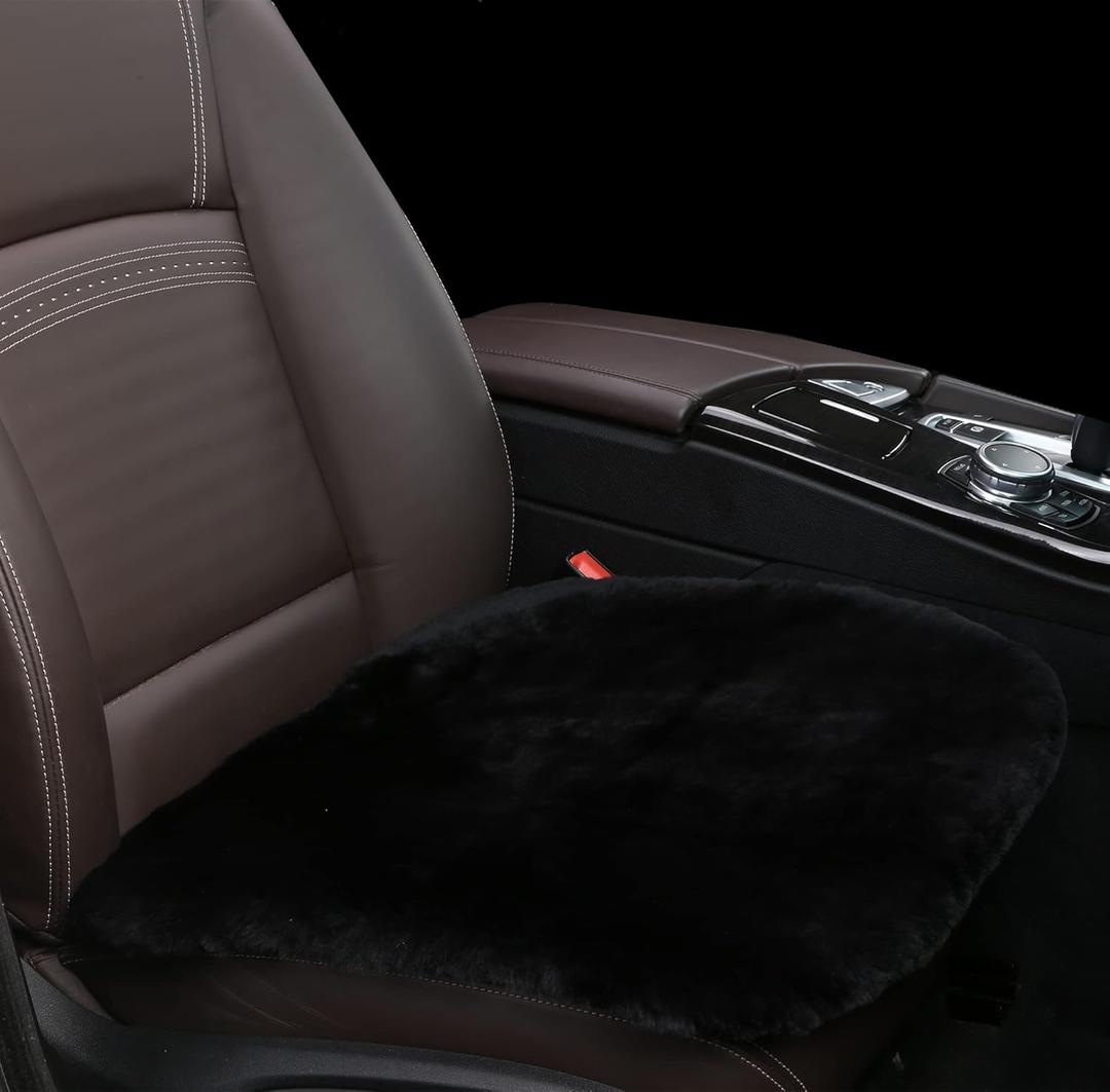 Sheepskin Seat Cushion Cover Wholehide Short Wool Seat Pad Natural Fur Car Seat Covers Universal Fit for Most Car, Truck, SUV, or Van Front Black