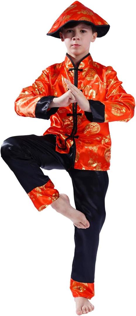 PGOND Boys Red Traditional Chinese Dragon Kung Fu Outfit Costume With Hat (Medium)