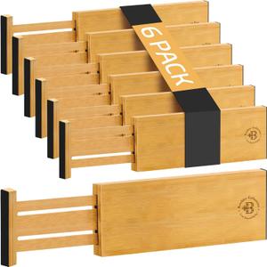 4 Pack Drawer Dividers 6 Inch High, 11”-17" Adjustable Bamboo Organizers Large Expandable Drawer Separators for Cloths, Dresser, Bedroom, Bathroom, Baby Drawer, Office & Kitchen Utensils (Natural)