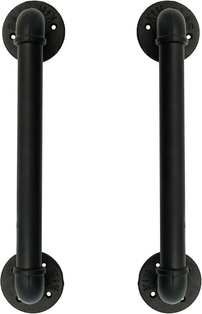 FOYO Set of 2 Industrial Pipe Gate Pull Handle, Grab Bar, Towel Bar, Antique Rustic Cast Iron Handrail - Matte Black, 19-3/4 Inch
