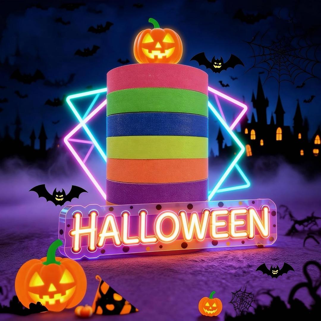 2 x Glow in The Dark Tape 6 Colors, Neon Fluorescent UV Black Light Activated Tape, Gaffer Cloth for Party Decor, Halloween, Night Club, Stage, Crafts - 0.6" Wide x 16.5' Long.