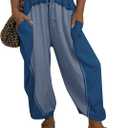 Fisoew Womens Baggy Wide Leg Harem Barrel Pants Casual Elastic Waist Drawstring Color Block Workout Track Pants with Pockets (Large, Navy)