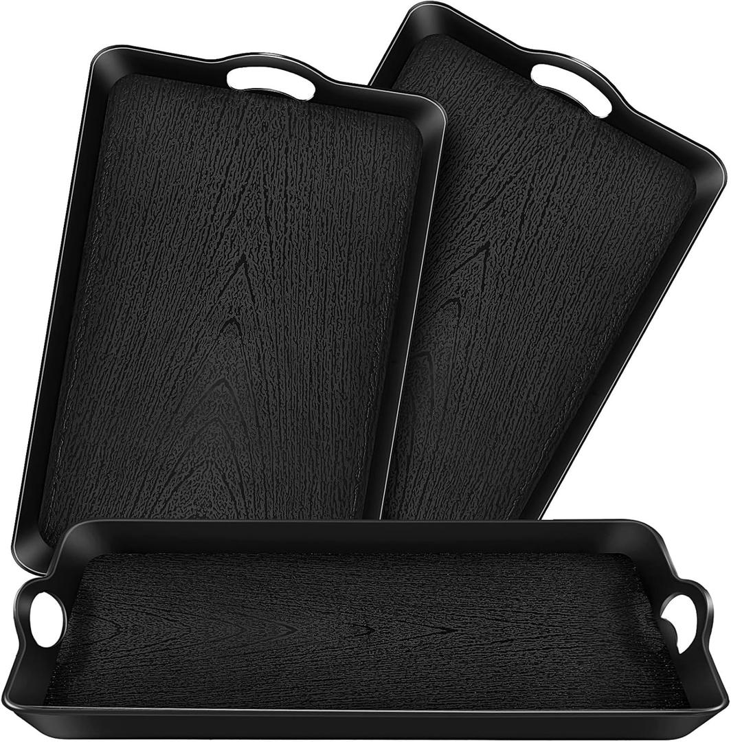 3 Pack Black Serving Tray with Handles 20.5"x13.4" Large Plastic Rectangular Ottoman Multi Purpose Kitchen Food Tray for Coffee Table, Restaurant, Parties