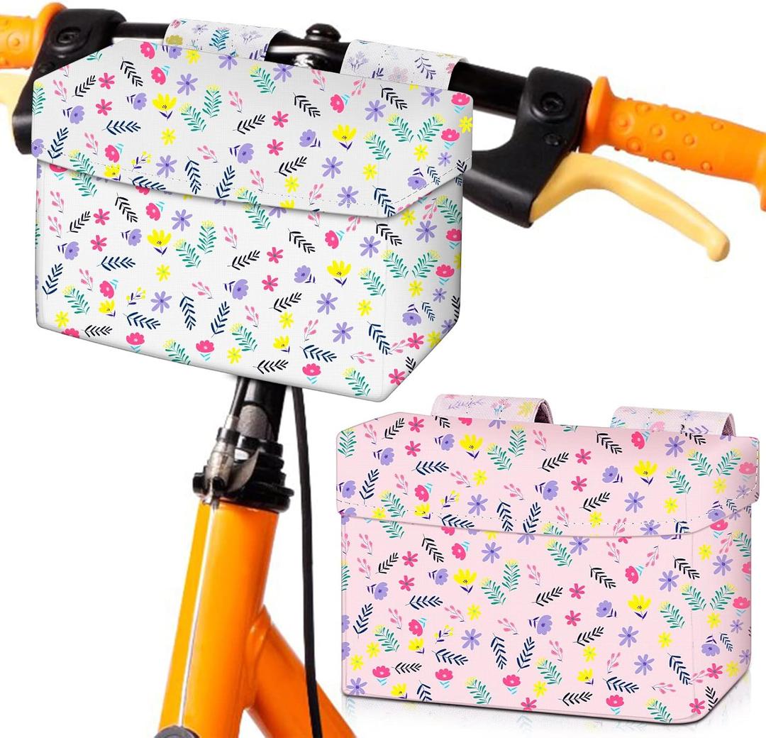 2 Pcs Bike Basket Kids Girls Boys Bike Handlebar Bag Bicycle Front Storage Pouch Scooter Bicycle Accessories for Balance Scooter Stroller Wheelchair (White and Pink)