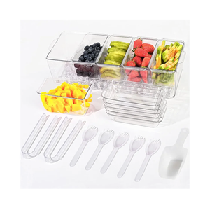 Ice Chilled Condiment Caddy with 5 Containers(2.5 cup), Condiment Server with Separate Lids, Serving Tray Platter with Removable Dishes for Bar Accessories, Fruit, Salad, Taco, Party Garnish