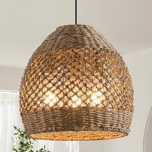 13.4" Rattan Pendant Light,Woven Seagrass Chandelier | 13.4" Seagrass Pendant Light,Boho Hand Woven Wicker Hanging Light,Coastal Chandelier,Brown Woven Rattan Pendant Light