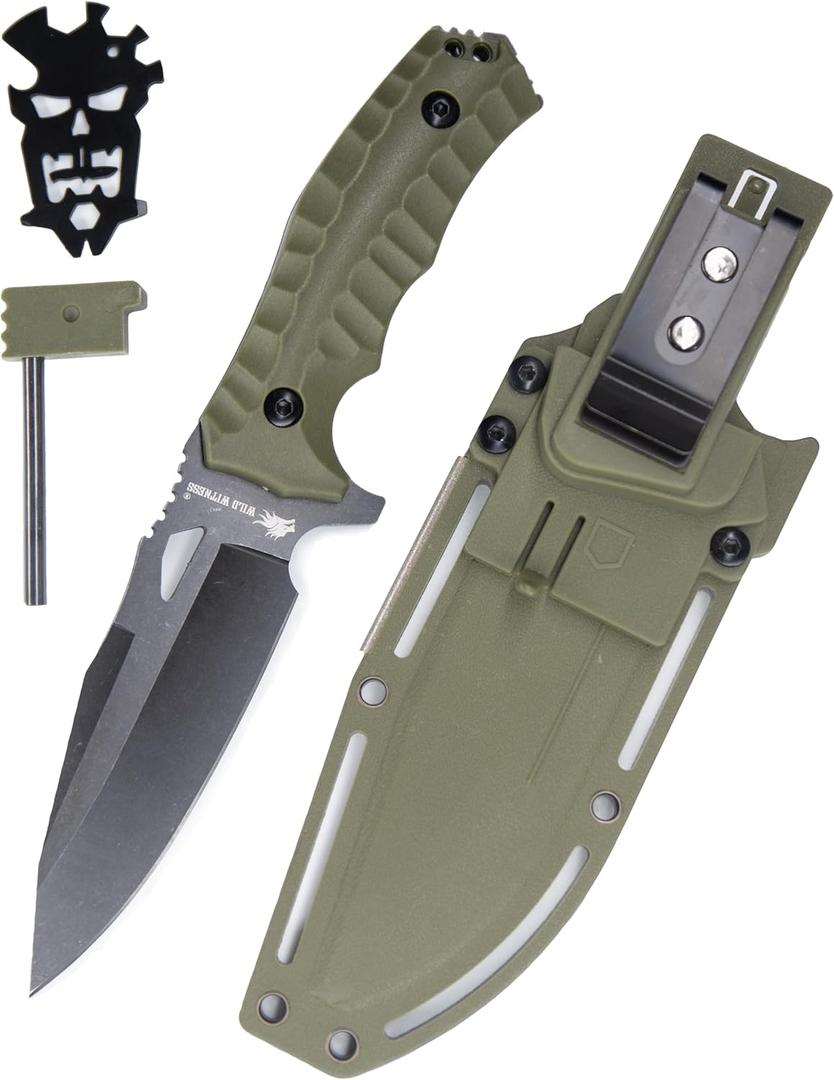 WT10 Fulltang Fixed Blade Survival Knife with Kydex Sheath, Stonewashed Blade Hunting Knife with Fiberglass Handle for Outdoor, Camping, Best Gift for Men (Green)