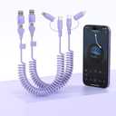 2 Pack Apple Carplay Coiled Multi 4-in-1 USBA/Type C to USB-C/Lightning Cable for Carplay& Android Auto,Purple 60W Fast Charge & Data Sync Car Charger Cord for iPhone 15/14/13/12,Samsung,Android-MFi