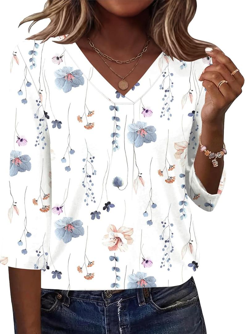 AKEWEI 3/4 Length Sleeve Womens Tops V Neck T Shirts Dressy Casual Pleated Spring Fashion 2026 Work Blouses (Large)