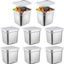 8 Pcs 1/6 Size Hotel Steam Table Pans with Lids, Stainless Steel Food Containers and PP Plastic Covers, Anti-clogging Steamer Pans for Buffet, Catering, Restaurant, and Food Prep(6" Deep)