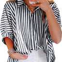 Women 2025 Summer Stripe Dolman Sleeve V Neck Oversize Shirt Tops Casual Button Up Short Sleeve Striped Blouse (S)