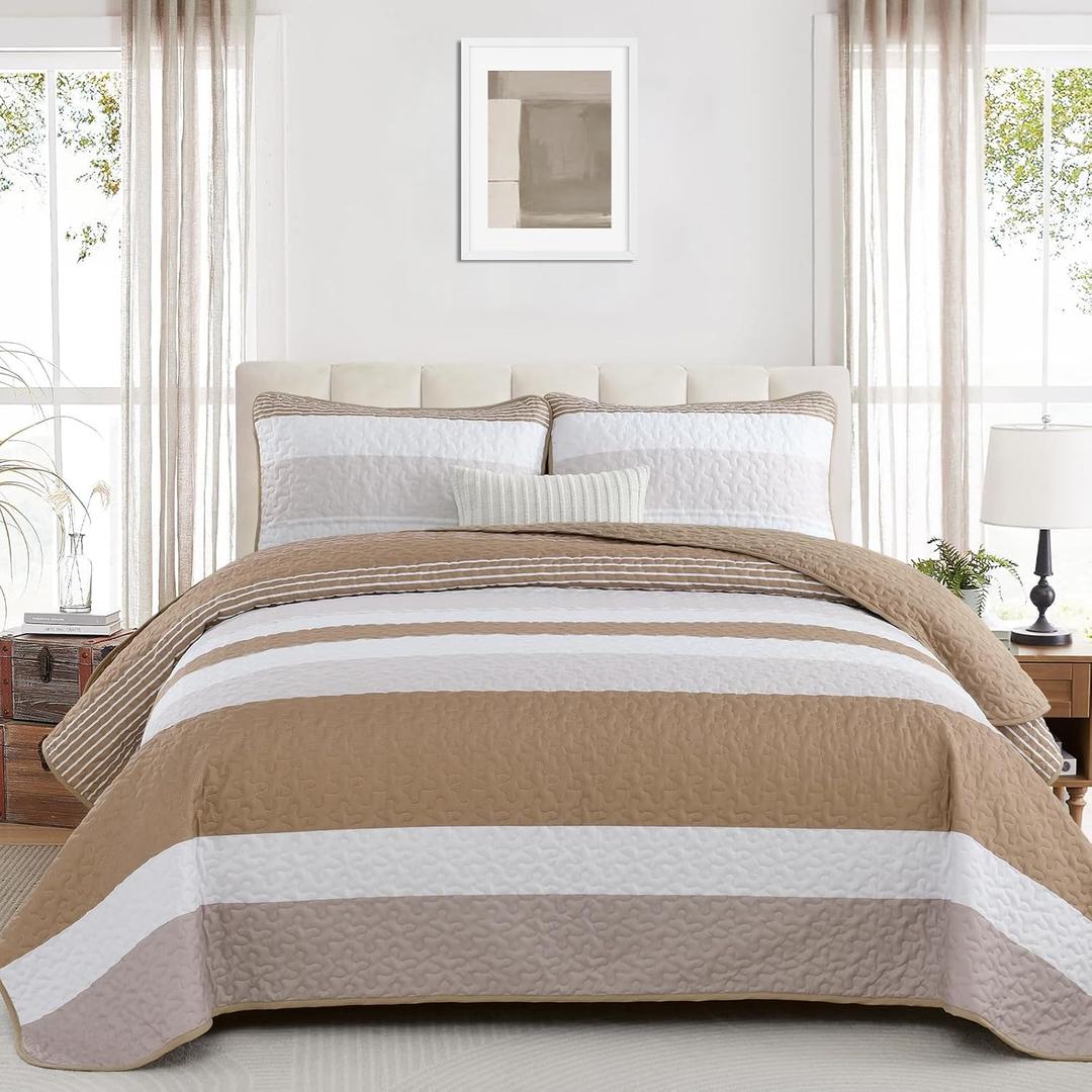 Dinjoy Taupe Boho Quilt Set Queen,Khaki Striped Bedspread Queen Size Lightweight Fall Quilts 3 Pieces Patchwork Bedding Sets Coverlet Set with 2 Pillowcases Farmhouse for Family