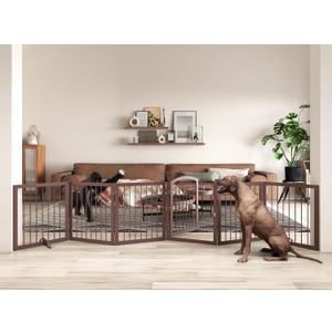 JSB 144-inch Extra Wide 30-inch Tall Dog gate with Door Walk Through, Freestanding Round Tube Pet Gate for Halls Stairs, Puppy Safety Dog Fence with 2PCS Support Feet (Espresso)