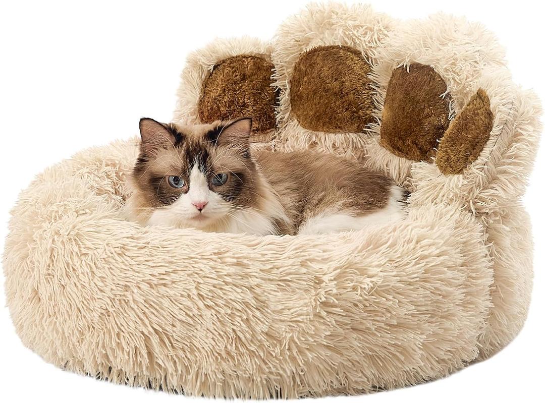 Paw Shape Calming Pet Bed, Plush Faux Fur Donut Bed for Dogs & Cats, Machine Washable, Non-Slip Bottom, Medium (22"×22"×6"), Camel