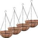 Outdoor Metal Hanging Planters Basket (4pack, 16 inch) Hanging Baskets for Plants Chain Round Wire Plant Holder with Coco Fiber Liners for Garden, Patio, Deck, Porch