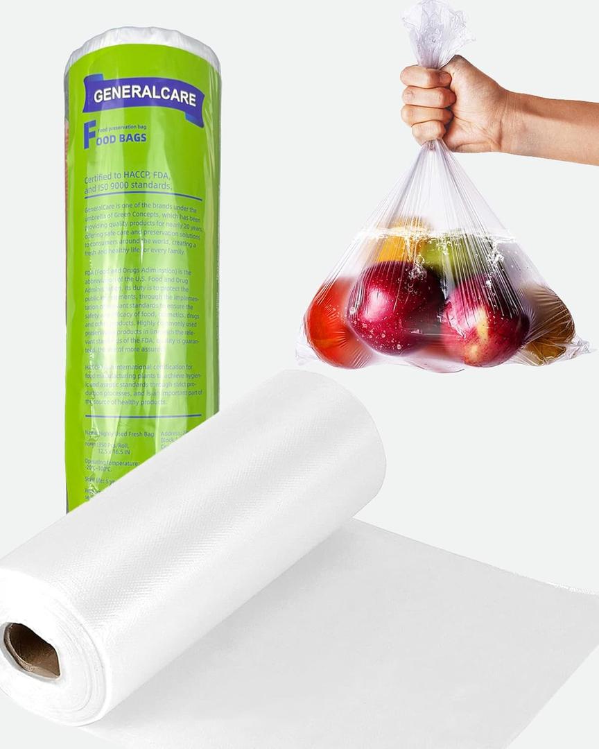 300 Pcs/Roll Crystal Clear Plastic Produce Bags, 12.5 x 16.5 IN Food Storage Roll Bags for Kitchen, Fruits, BPA Free
