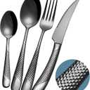 16-Piece Modern Black Hammered Silverware Set with Ultra Sharp 2-IN-1 Serrated Knives, 18/10 Stainless Steel Flatware Set, Titanium Plated Cutlery Set Service for 4, Dishwasher Safe