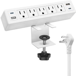 40W Total Fast Charging Desk Clamp Power Strip USB C,Desk Outlet with 4 USB Ports Max 20W Power Delivery,1200J Surge Protector Desktop Power Station,6FT Cord,Fit 1.65" Tabletop Edge (White)