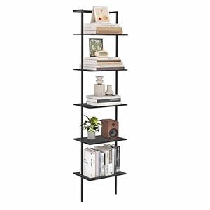 6-Tier Ladder Shelf, 77 Inches Wall Mounted Ladder Bookshelf with Metal Frame, Wood Tall Open Storage Rack and Display Shelves for Home Office Bedroom Living Room, Rustic Brown