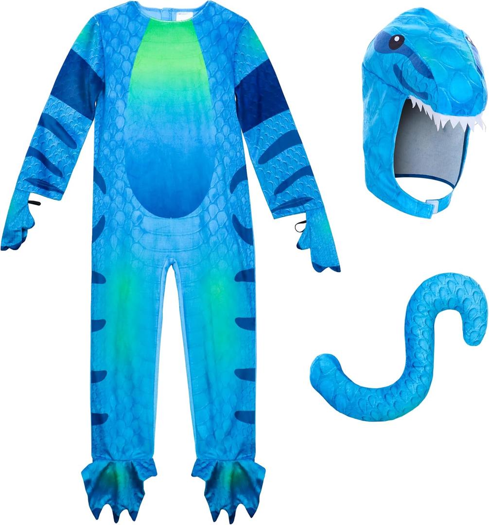 IKALI Dinosaur Costume Kids Triceratops Dino Outfit, Boys Girls Toddlers Baby Halloween Party Dress Up (4-6 Years, Blue)