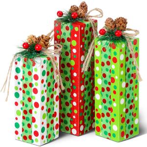 Glenmal 3 Pcs Christmas Table Centerpieces Xmas Wood Gift Boxes Decor Rustic Faux Present Blocks with Bow Ribbon for Holiday Tree Tiered Tray Decoration(Green Red White,Dot Style)