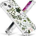 iPhone 13 Mini Case Slim Fit Crystal Clear Cover with Fashionable Designs for Girls Women,Protective Phone Case 5.4" Green Leaves Floral Flower