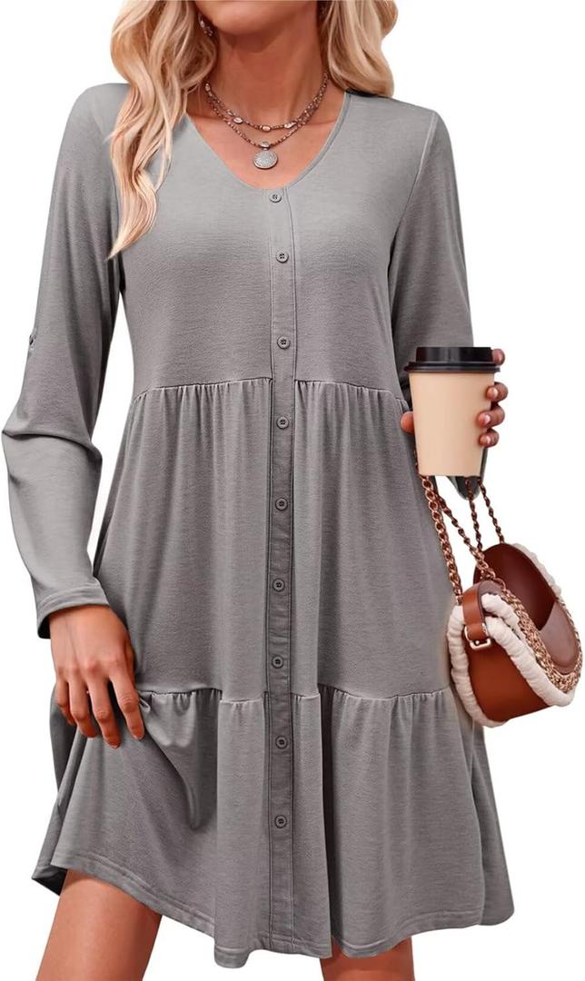 Dokotoo Fall Dresses for Women 2025 V Neck Button Up Long Sleeve Empire Waist Ruffle Tiered Mini Dress with Pockets (Large, Gray)