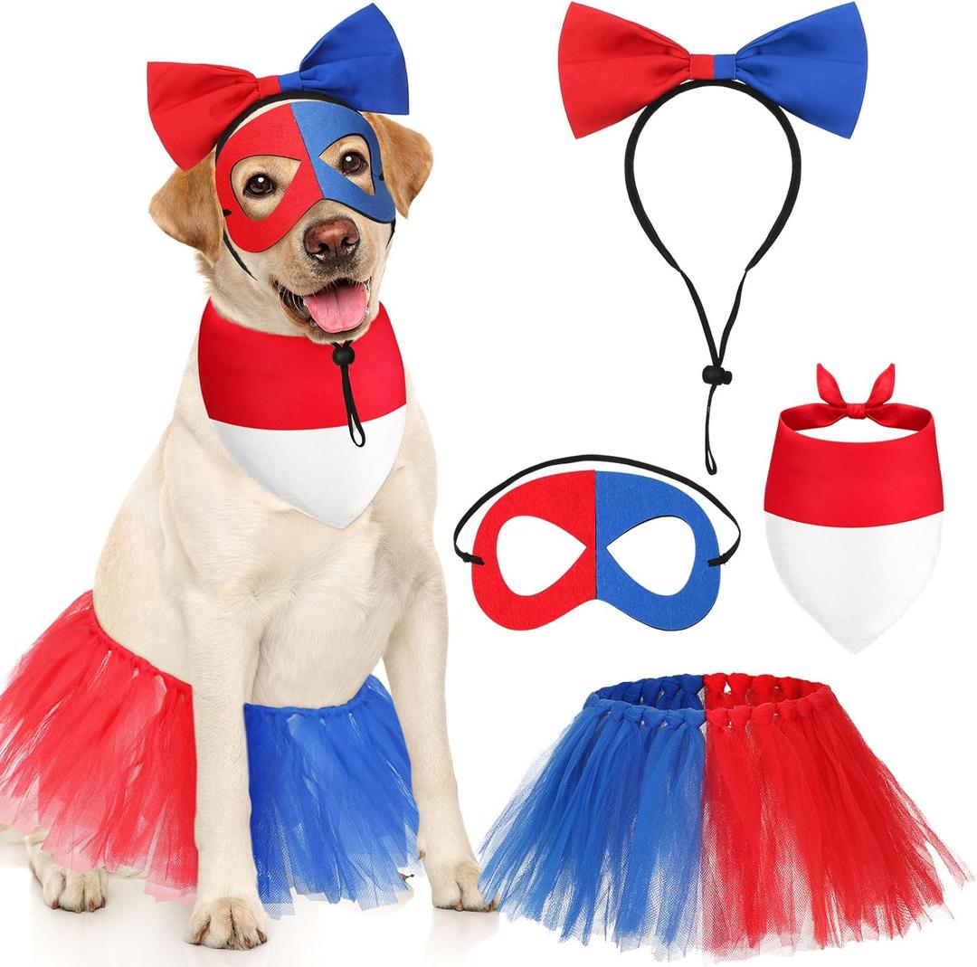 4 Pcs Halloween Clown Dog Costume Set Red Blue Clown Pet Outfit for Small Large Dog Pet Costume Accessories with Headband, Eye Mask, Bandana, Skirt for Puppy Cats Halloween Cosplay Party Favor