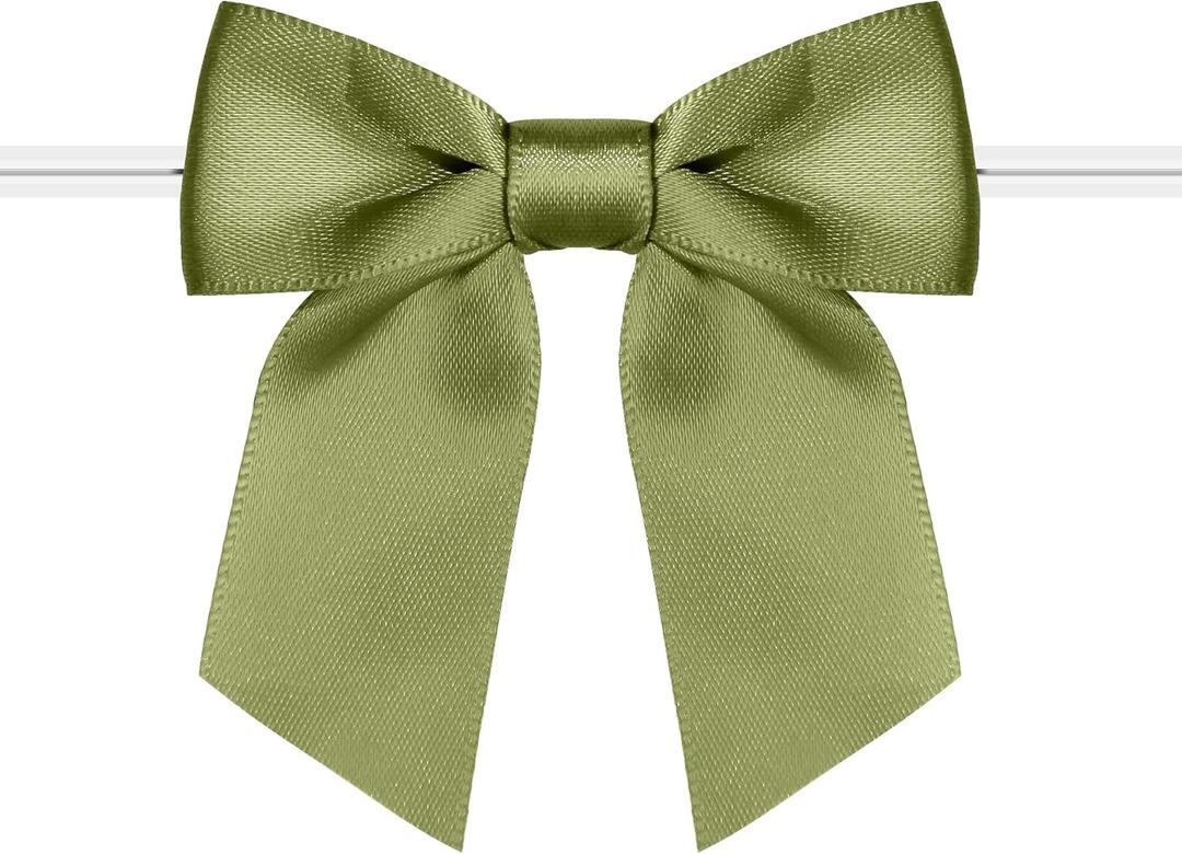 Rainbow Pana 60 Pack Twist Tie Bows for Treat Bags 3" Sage Green Satin Ribbon Bows for Package Craft Gift Wrapping Decoration, St Patricks Day