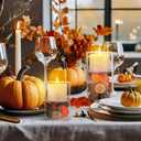 Domensi 2 Pcs Fall Glass Candle Holders with Flameless Candles Festive Votive LED Pillar Wax Battery Operated Flickering Light Candlesticks with Pumpkin Pine Cone for Fall Autumn Thanksgiving Decor