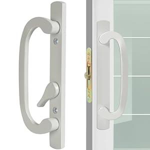 ACEPLANET Offset Position Non-Keyed Sliding Patio Door Handleset with Mortise Lock, 45° Keyway, 3-15/ 16" H.C., Fits 1-3/ 8" to 1-3/ 4" Thick Doors, No-Handed, White Diecast