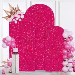 MODFUNS Set of 3 Sequins Arch Cover Hot Pink Shimmer Arch Stand Cover 4ft 5ft 6ft Stretchy Spandex Arch Covers Round Top Arch Backdrop Cover Glittery Chiara Cover for Birthday Party Event Decor