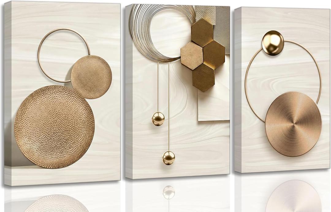 3 Pcs Abstract Gold Geometric Boho Canvas Wall Art Mid Century Modern Minimalist Aesthetic Luxury Metal Artwork Pictures Wall Decor Posters Prints for Living room Bedroom Office Home Decoration, 16x24 in