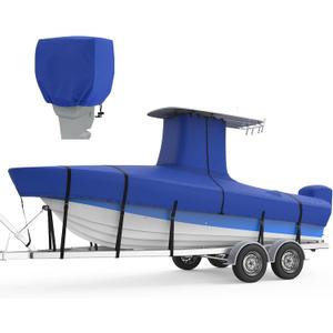 RVMasking Upgraded 1200D T-Top Boat Cover 100% Waterproof Heavy Duty Tear-Resistant Polyester with Motor Cover for Center Console Boat with T TOP Roof, 22'-24' Long Beam Width up to 116", Blue