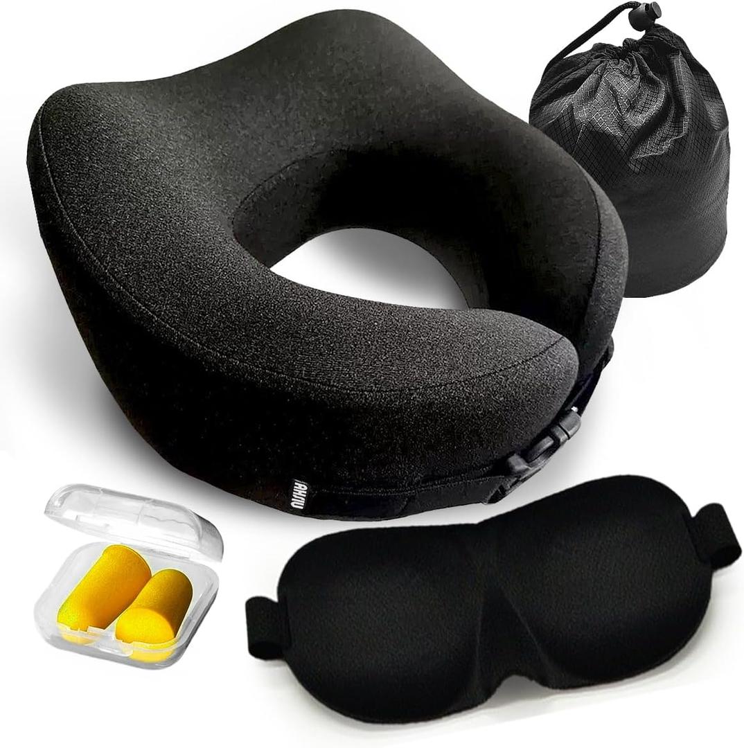 Neck Pillow Airplane,Travel Pillow Memory Foam,Neck Support Pillow,Adjustable Memory Foam,Neck Pillow with Breathable Cover for Comfort,Includes 3D Sleep mask,earplugs Box,Car,Office,Home