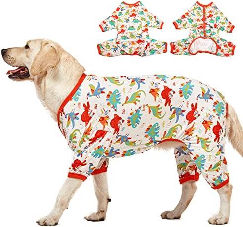 LovinPet Large Dog Pajamas, Undershirt for Dog Coats, Anti Licking, Pitbull Clothes, Pet Anxiety Calming Onesies for Dogs, White Dinos Print, Pet Pajamas for Dogs, Pitbull Shirt, 2XL