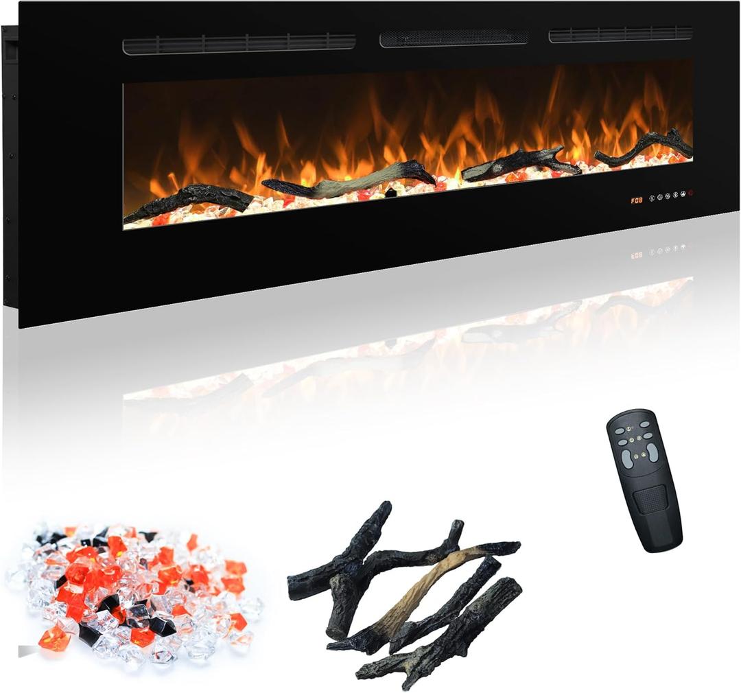 Electric Fireplace 48 In, Wall Mounted & Recessed Electric Fireplace Inserts, Remote & Touch Screen Control, 169 Flame Color Combinations, Timer & Thermostat Fireplace Heater, 1500W, Black