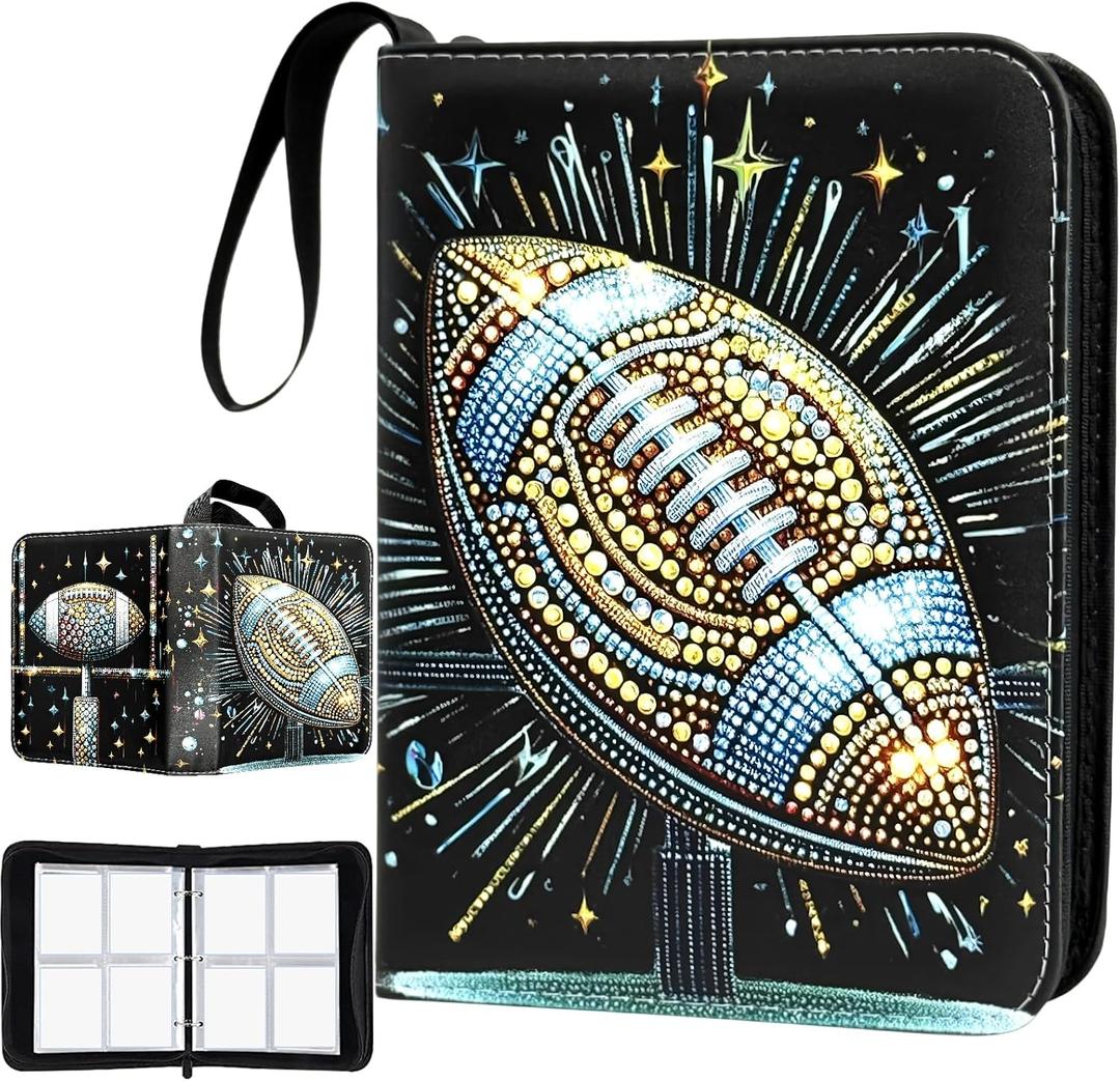 Football Card Binder - 400 Capacity 4-Pocket Trading Card Album, 3 Ring Card Holder Binder, Waterproof PU Leather, Zip Closure, Perfect Christmas Birthday Gift for Kids & Collectors