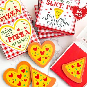 Valentines Day Gifts for Kids - Valentines Day Cards for Kids School - 24 Pack Valentine Mini Pizza Card Boxes with Erasers -Funny Valentine's Classroom Preschool Exchange Gift Boys Girls Party Favors