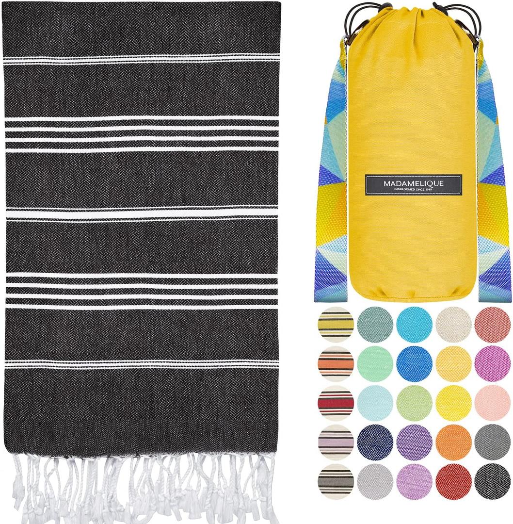 Madamelique Turkish Beach Towel with Beach Bag - 39 x 74 - Prewashed Beach Towels Oversized -%100Cotton - Quick Dry - Sand Free - Hand Loomed Turkish Bath Towels - Unique Towel (Black)
