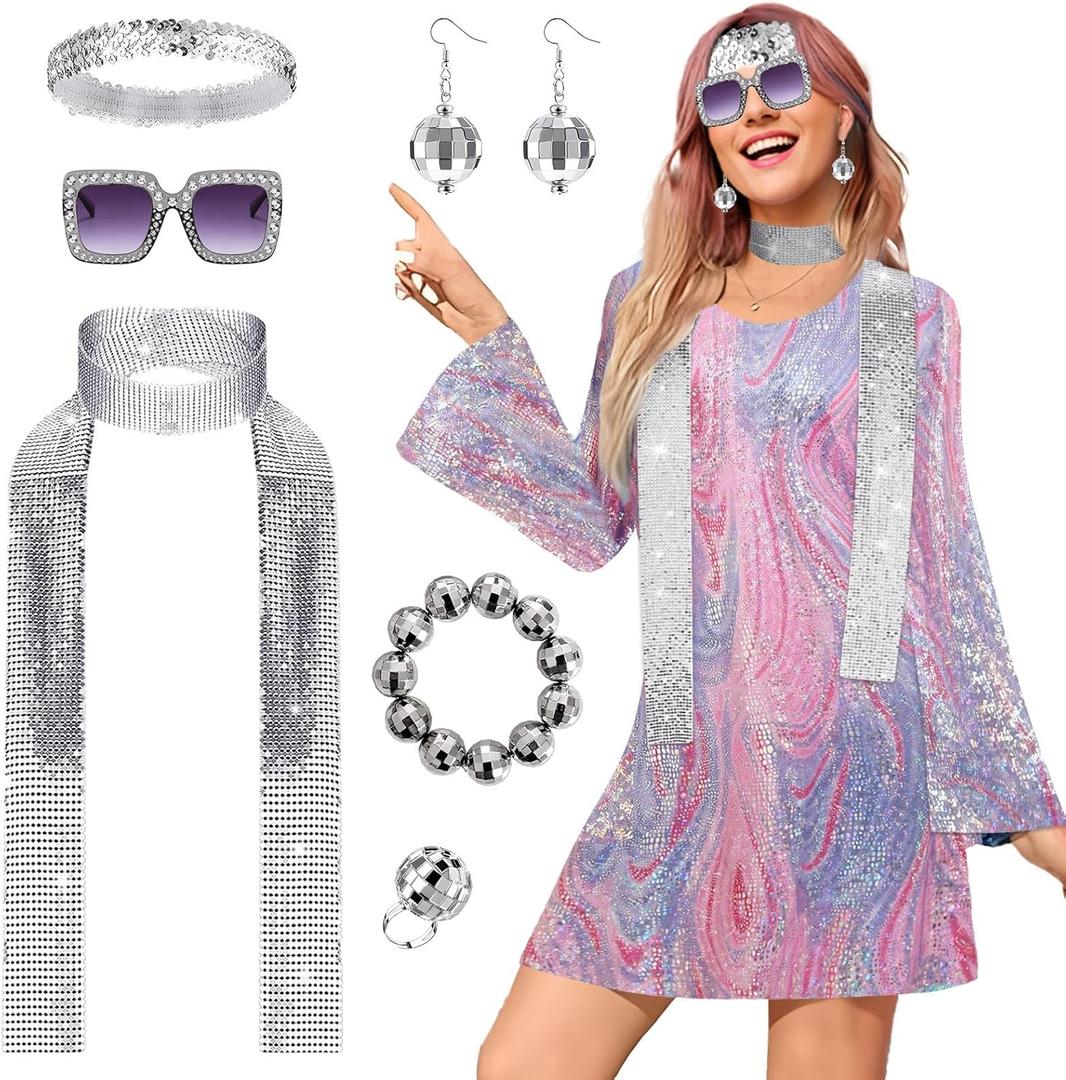 Womens 70s Outfit 1970s Dress Costume 70's Accessories Jewelry for Birthday Dance Party Halloween (Medium, Pink)